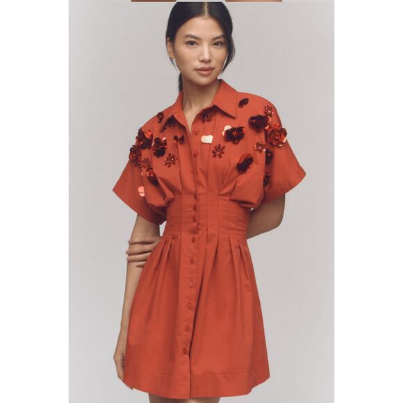 Anthropologie Exquise The Tobie Button-Front Pleated Shirt Dress Sequin Mini - Picture 1 of 8